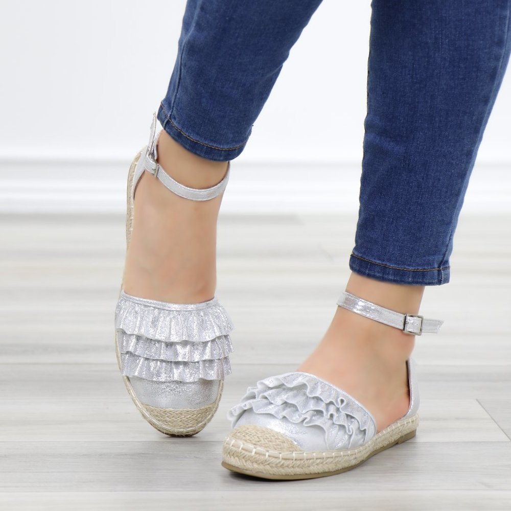 Silver Ruffle Espadrille Flats with Ankle Strap